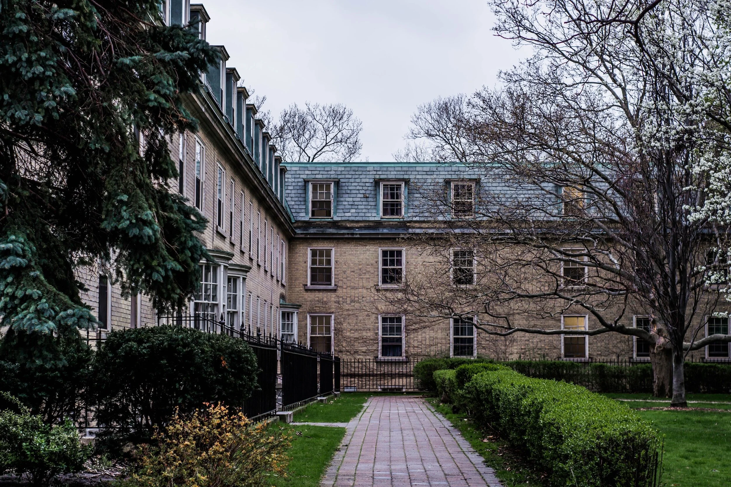 University of Toronto courtyard framed by historic brick buildings and trees